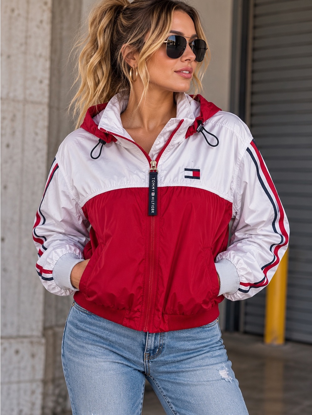 Tommy Hilfiger Y2K Red & White Colorblock Windbreaker Jacket